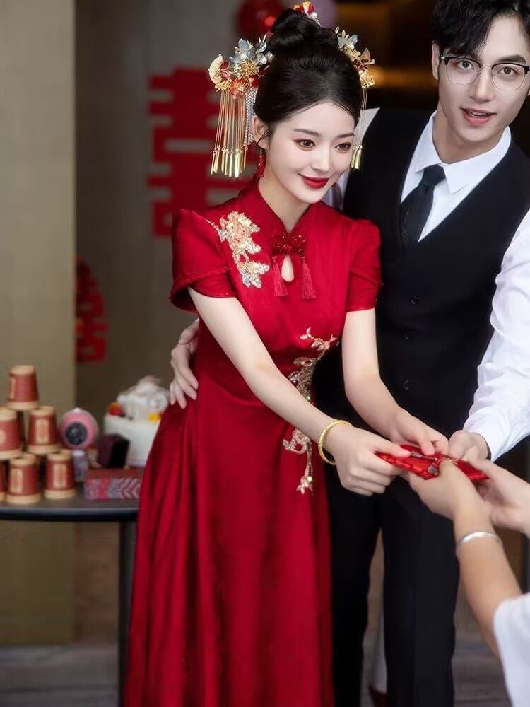 Beth and Brian Qipao-HMD FLoral embroidery, red wedding long Cheongsam