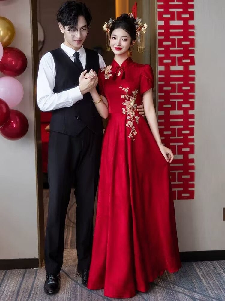Beth and Brian Qipao-HMD FLoral embroidery, red wedding long Cheongsam
