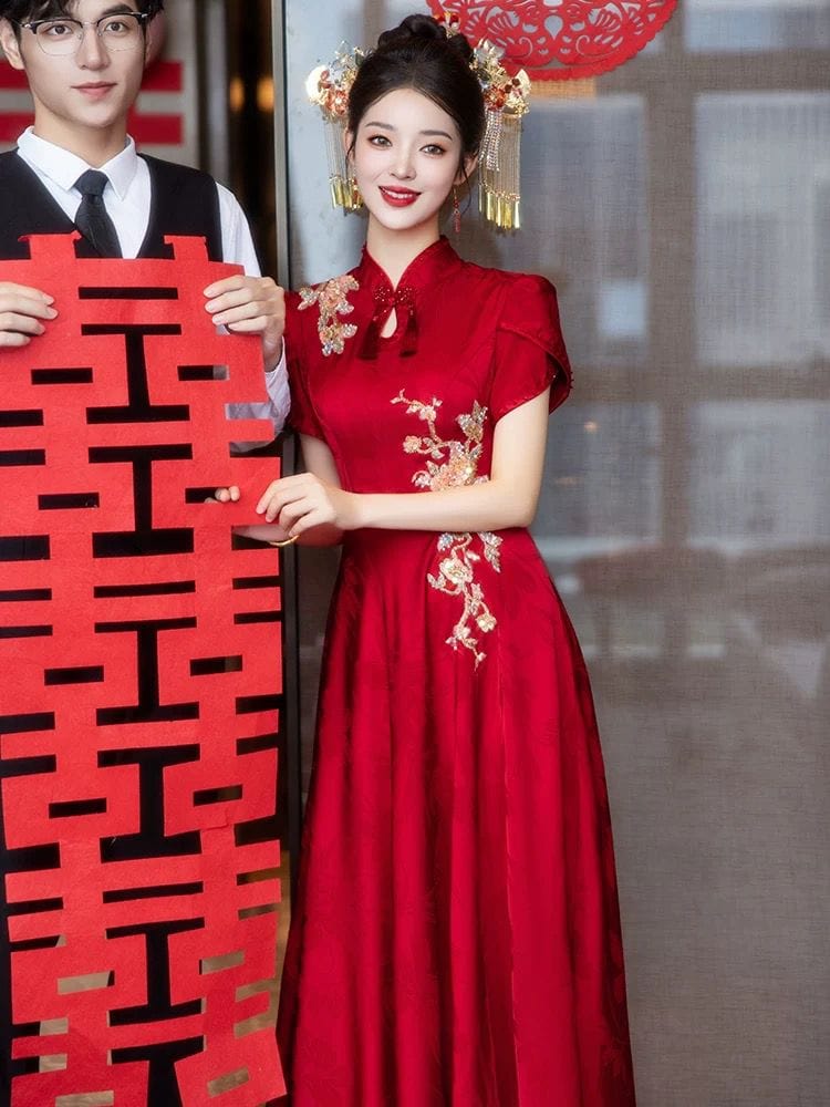 Beth and Brian Qipao-HMD FLoral embroidery, red wedding long Cheongsam