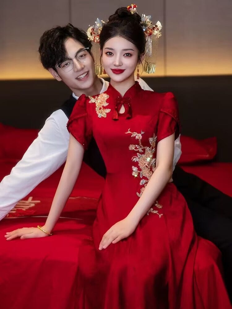 Beth and Brian Qipao-HMD FLoral embroidery, red wedding long Cheongsam