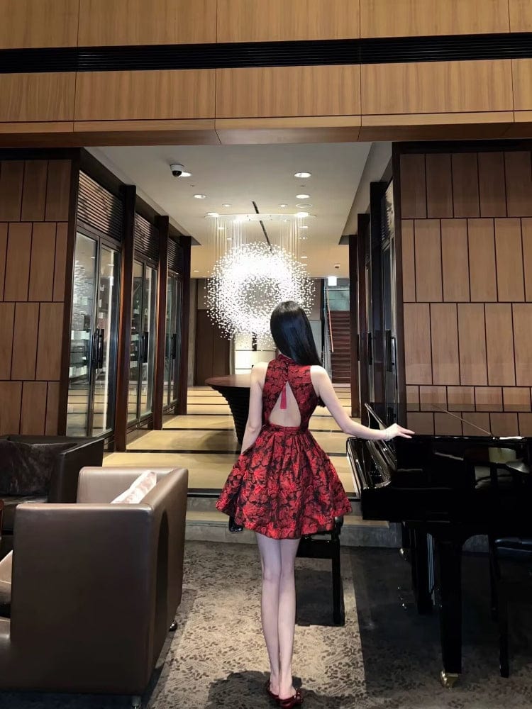 Beth and Brian Qipao-XX Backless, Cinching Puff Cheongsam, jacquard A-line short Qipao dress