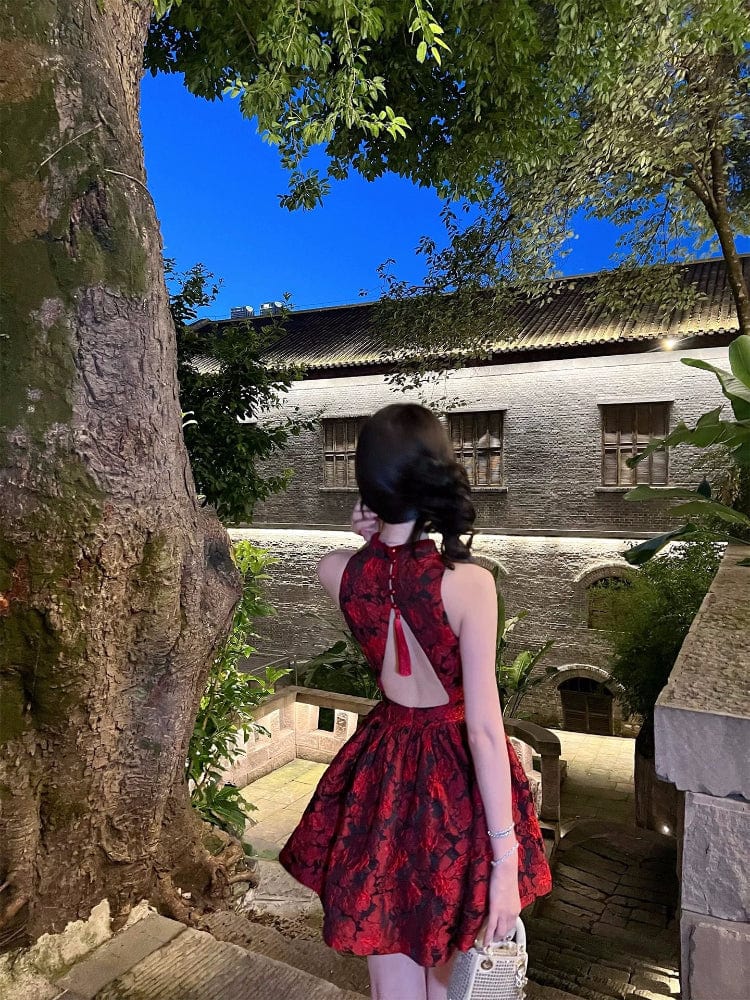 Beth and Brian Qipao-XX Backless, Cinching Puff Cheongsam, jacquard A-line short Qipao dress