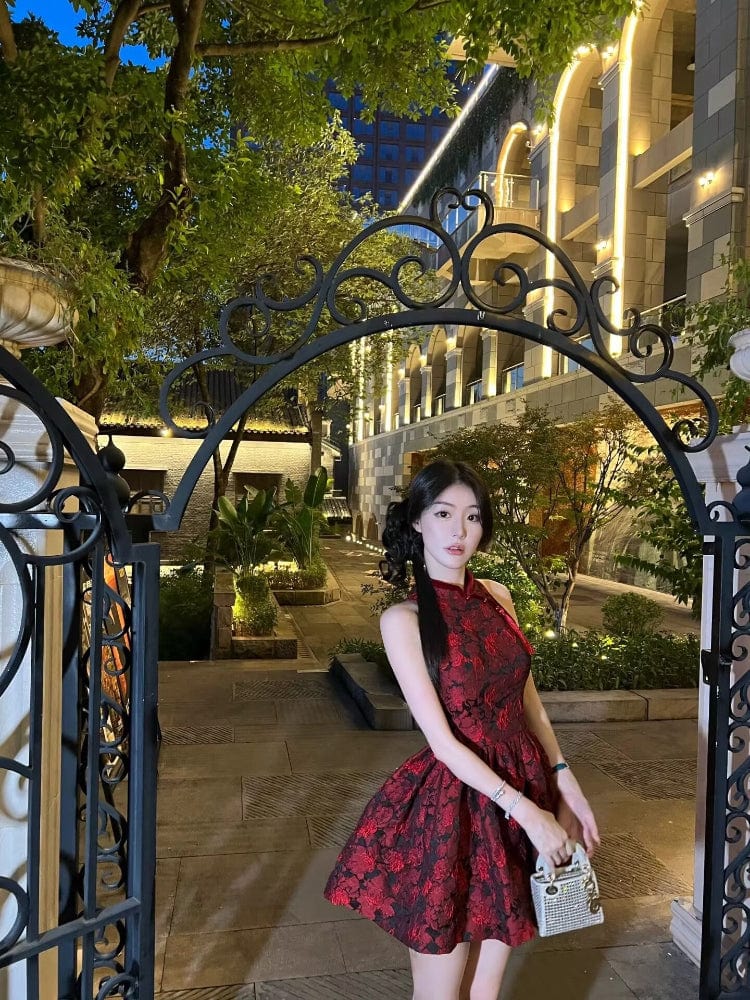 Beth and Brian Qipao-XX Backless, Cinching Puff Cheongsam, jacquard A-line short Qipao dress