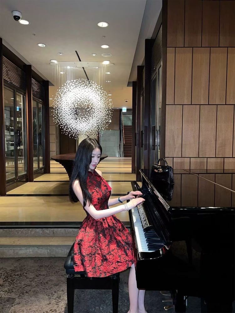 Beth and Brian Qipao-XX Backless, Cinching Puff Cheongsam, jacquard A-line short Qipao dress