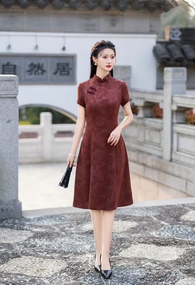 Beth and Brian Qipao-FS A-line, acetate jacquard midi plus size Cheongsam