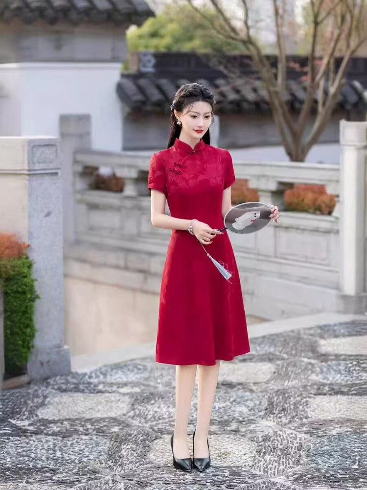 Beth and Brian Qipao-FS A-line, acetate jacquard midi plus size Cheongsam