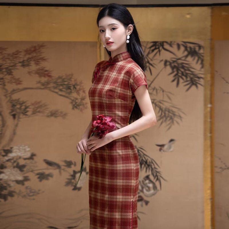 Beth and Brian Qipao-XYG Old Shanghai style, plaid pattern, red long Cheongsam