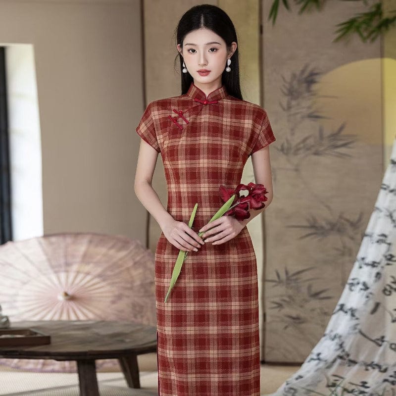 Beth and Brian Qipao-XYG Old Shanghai style, plaid pattern, red long Cheongsam