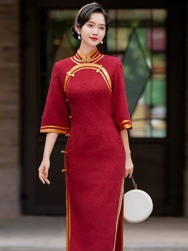 Beth and Brian Qipao-XYG Floral pattern, jacquard satin long Cheongsam