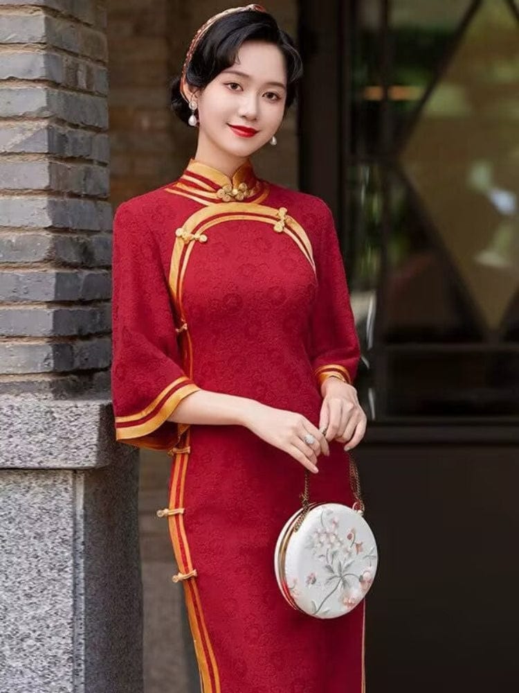 Beth and Brian Qipao-XYG Floral pattern, jacquard satin long Cheongsam