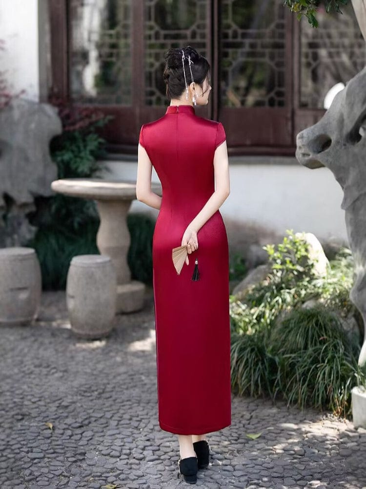 Beth and Brian Qipao-FS Bamboo leaf embroidery, acetate satin fabric long Cheongsam