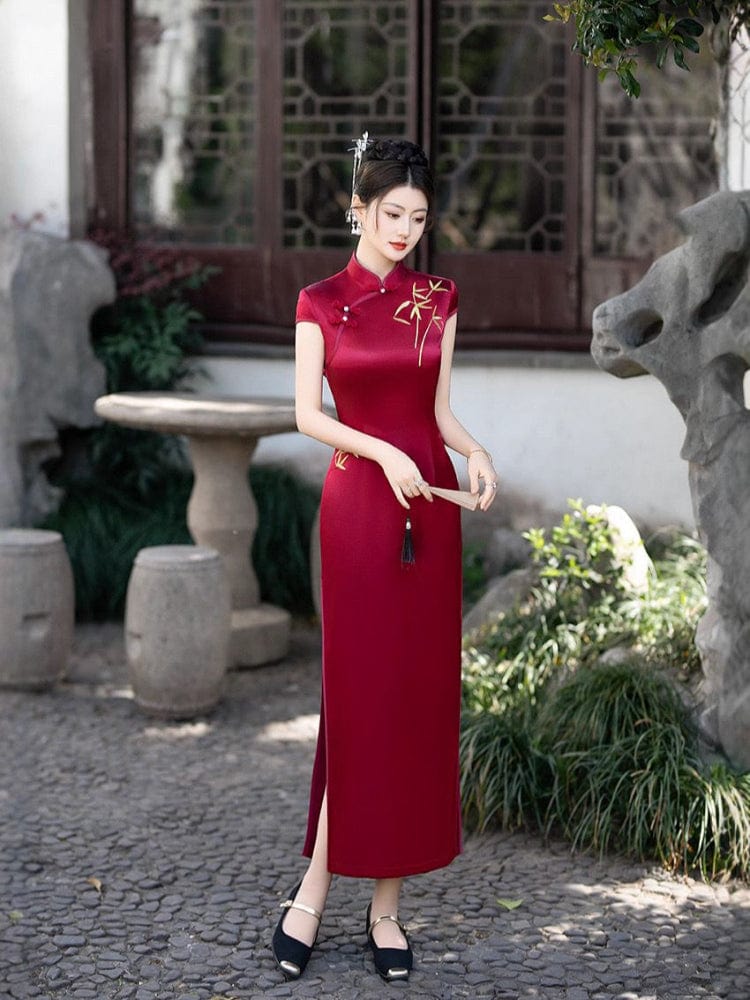 Beth and Brian Qipao-FS Bamboo leaf embroidery, acetate satin fabric long Cheongsam
