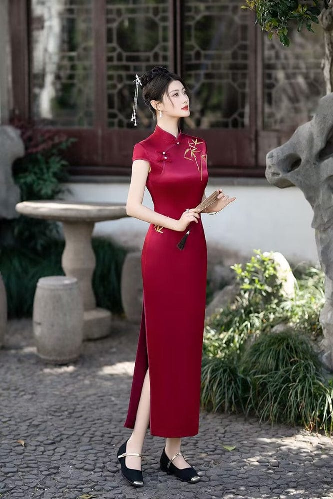 Beth and Brian Qipao-FS Bamboo leaf embroidery, acetate satin fabric long Cheongsam