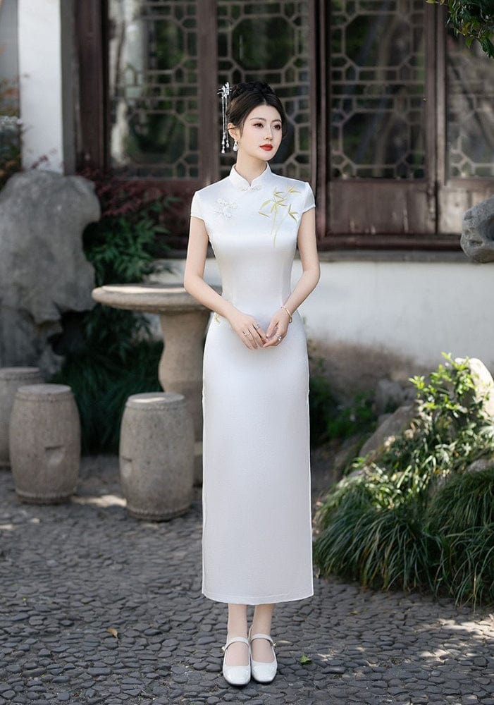 Beth and Brian Qipao-FS Bamboo leaf embroidery, acetate satin fabric long Cheongsam