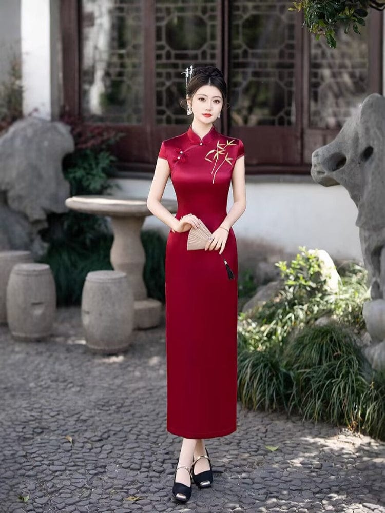 Beth and Brian Qipao-FS Bamboo leaf embroidery, acetate satin fabric long Cheongsam