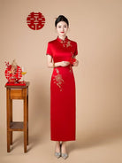 Beth and Brian Qipao-FS Floral embroidery, acetate satin fabric, red long Cheongsam