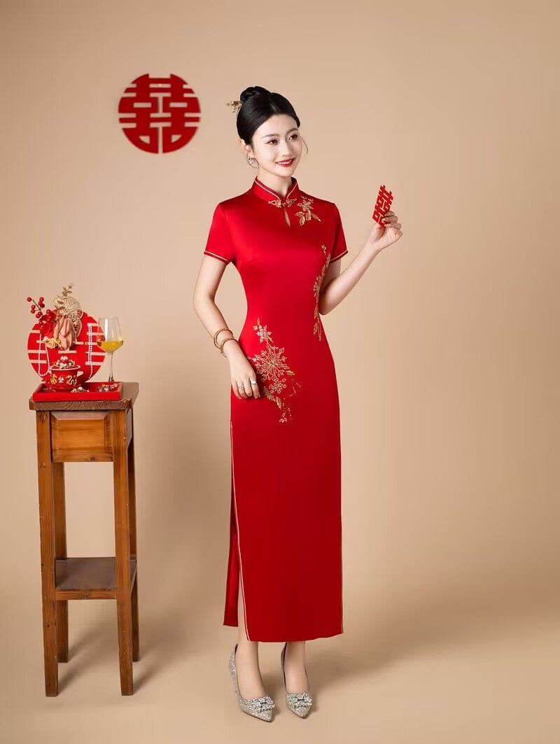 Beth and Brian Qipao-FS Floral embroidery, acetate satin fabric, red long Cheongsam