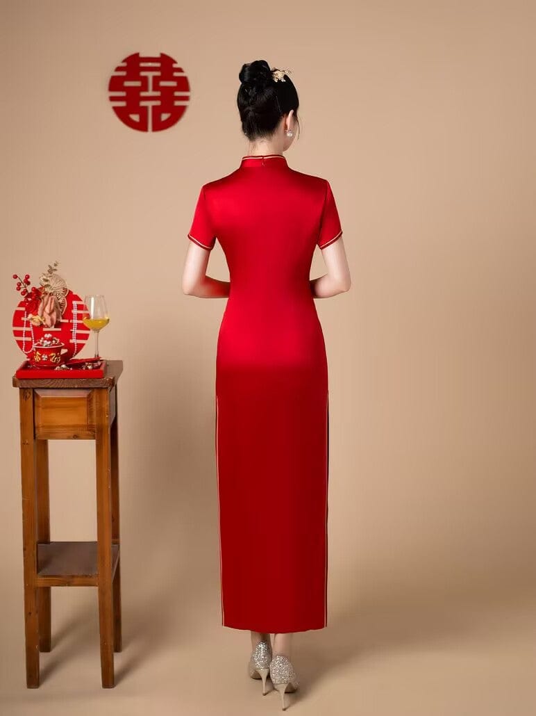 Beth and Brian Qipao-FS Floral embroidery, acetate satin fabric, red long Cheongsam