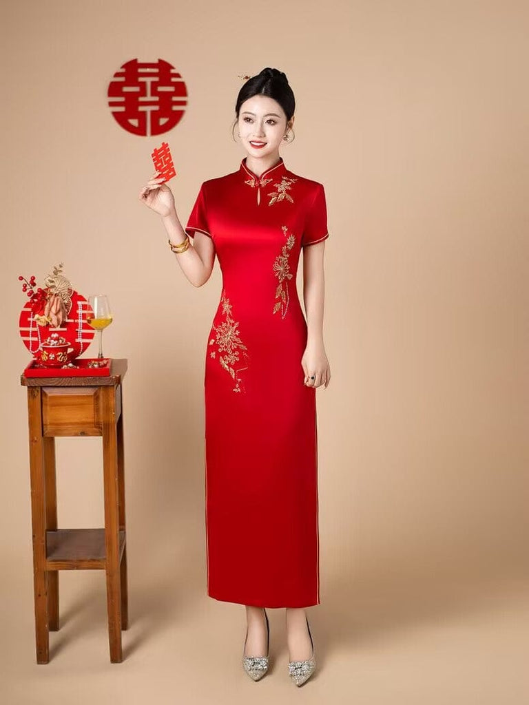 Beth and Brian Qipao-FS Floral embroidery, acetate satin fabric, red long Cheongsam