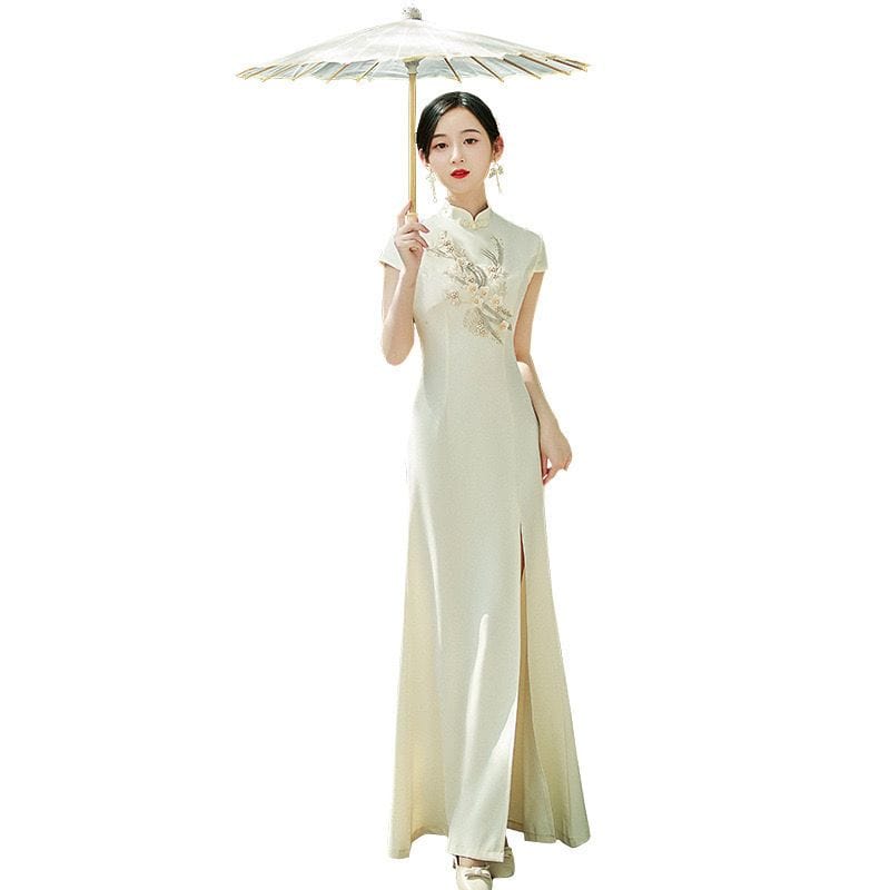 Beth and Brian Qipao-MNS Floral embroidery, butterfly mesh fabric, full length white Qipao