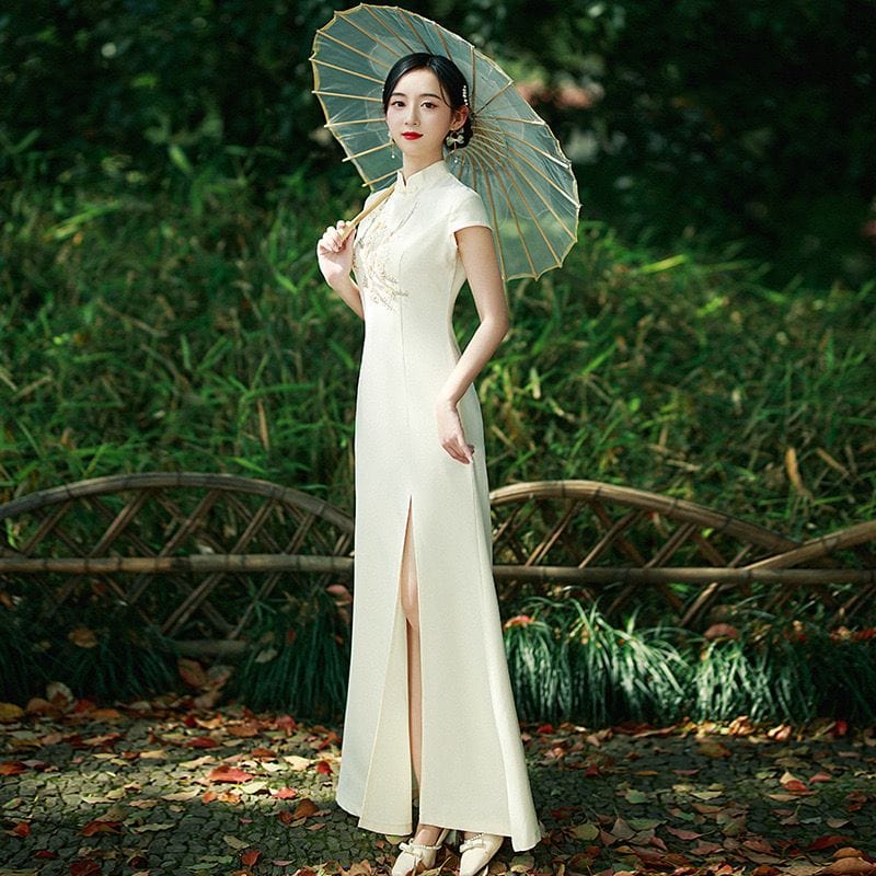 Beth and Brian Qipao-MNS Floral embroidery, butterfly mesh fabric, full length white Qipao