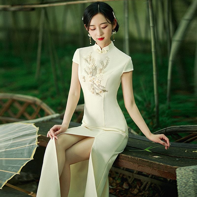 Beth and Brian Qipao-MNS Floral embroidery, butterfly mesh fabric, full length white Qipao