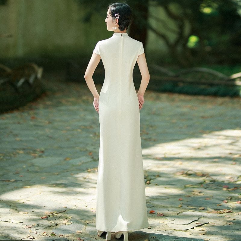 Beth and Brian Qipao-MNS Floral embroidery, butterfly mesh fabric, full length white Qipao