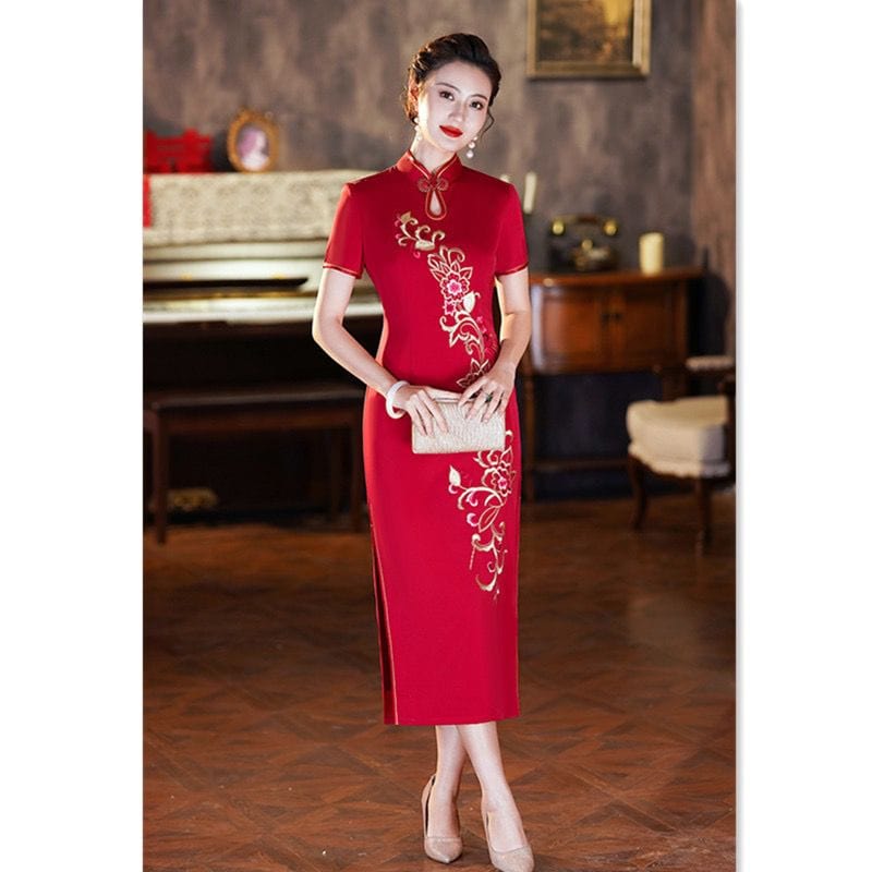 Beth and Brian Qipao-SYK Floral pattern, acetate wedding red long Cheongsam