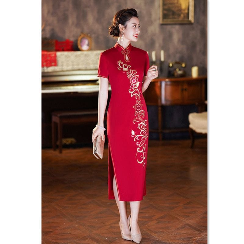 Beth and Brian Qipao-SYK Floral pattern, acetate wedding red long Cheongsam