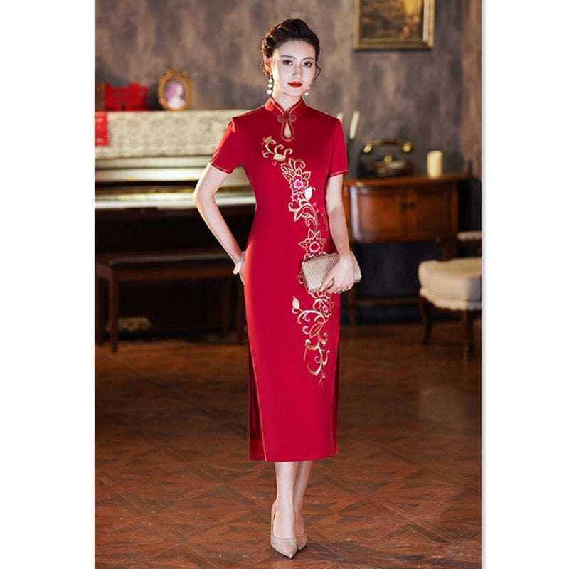 Beth and Brian Qipao-SYK Floral pattern, acetate wedding red long Cheongsam