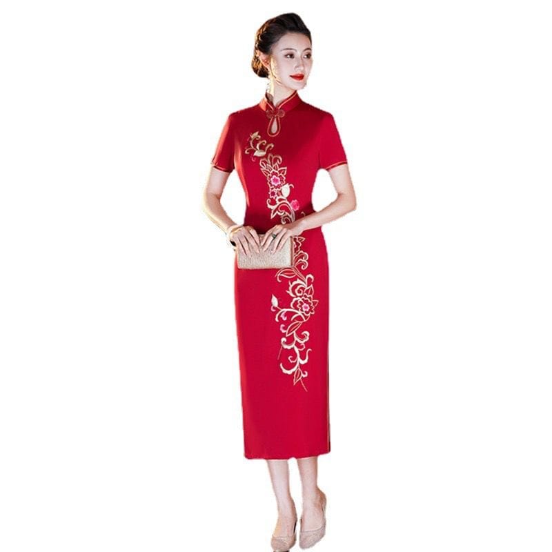 Beth and Brian Qipao-SYK Floral pattern, acetate wedding red long Cheongsam