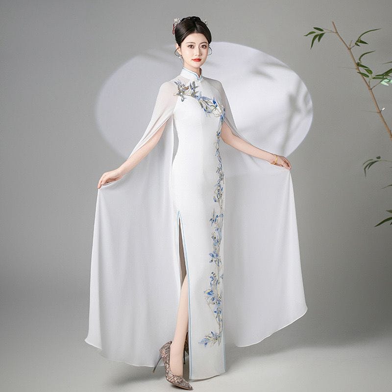 Beth and Brian Qipao-XYS Sleeveless, white long Cheongsam for prom