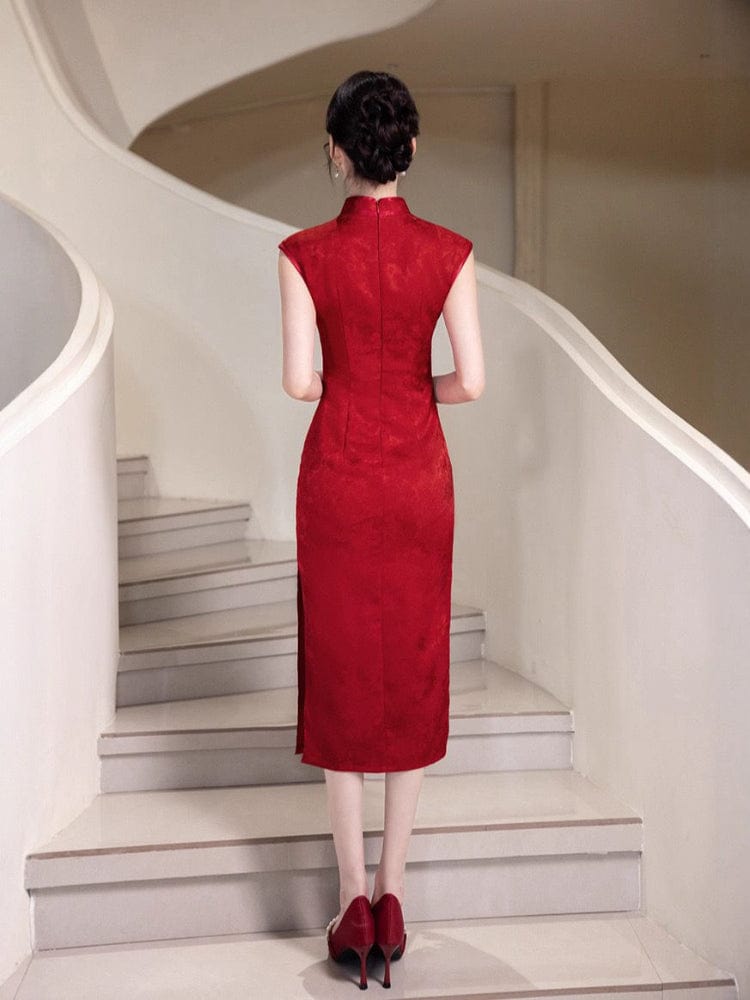 Beth and Brian Qipao-XWC Leaf embroidery, acetate jacquard midi Cheongsam