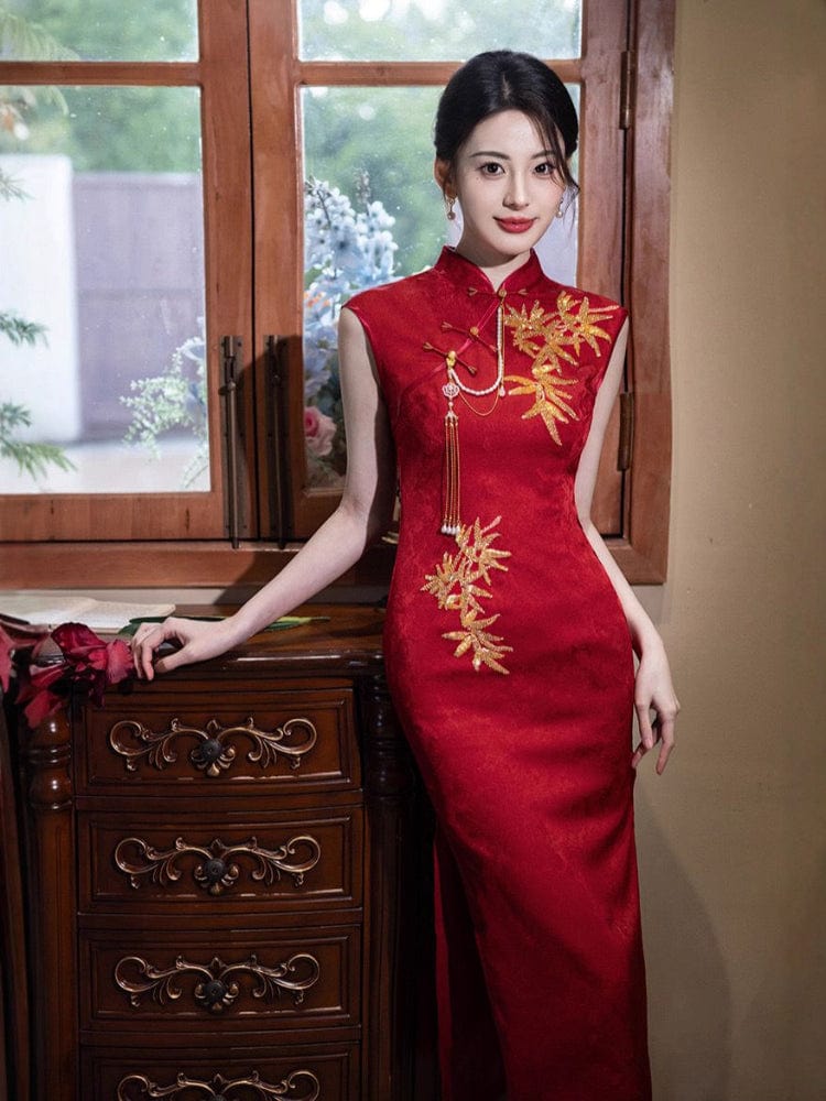 Beth and Brian Qipao-XWC Leaf embroidery, acetate jacquard midi Cheongsam
