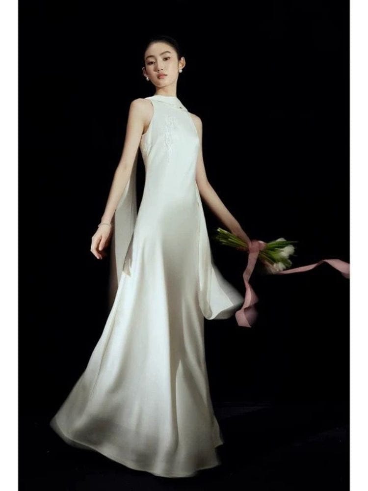 Beth and Brian Qipao-RUI Sleeveless, halter wedding white long Cheongsam