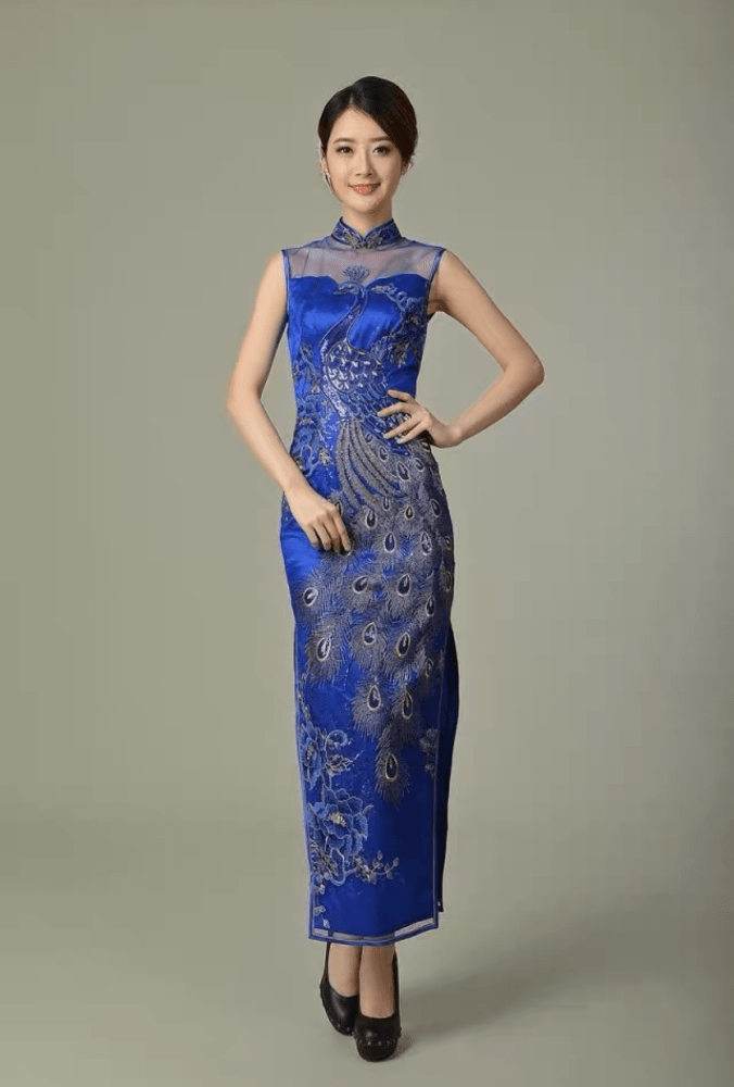 Beth and Brian Qipao-MYD Peacock embroidery, prom long Cheongsam