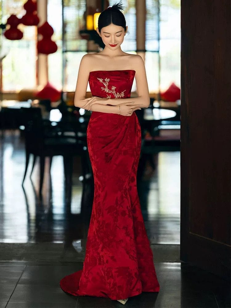 Beth and Brian Qipao-QX Tube top, New Chinese style (新中式), floral floor length Cheongsam