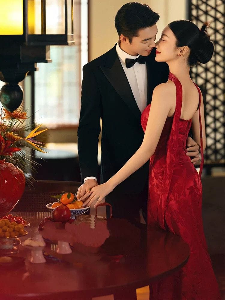Beth and Brian Qipao-QX Tube top, New Chinese style (新中式), floral floor length Cheongsam