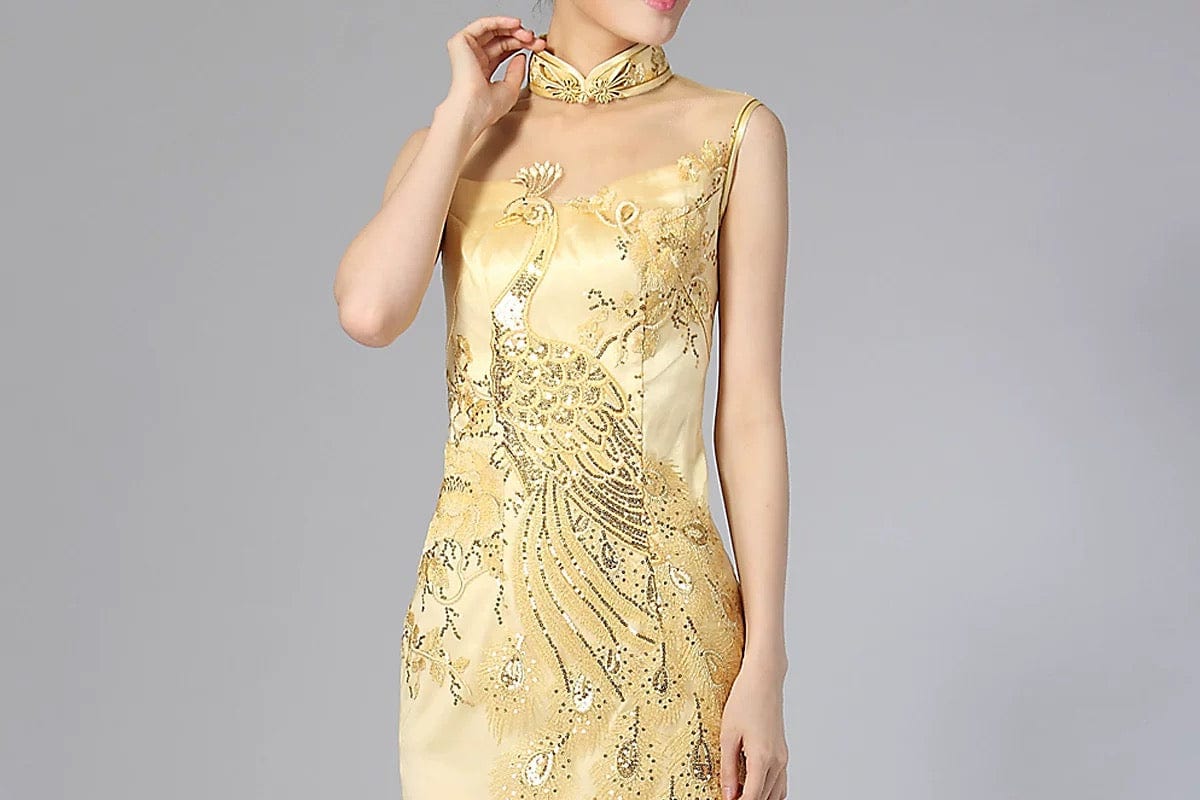 Beth and Brian Qipao-MYD Peacock embroidery, prom long Cheongsam