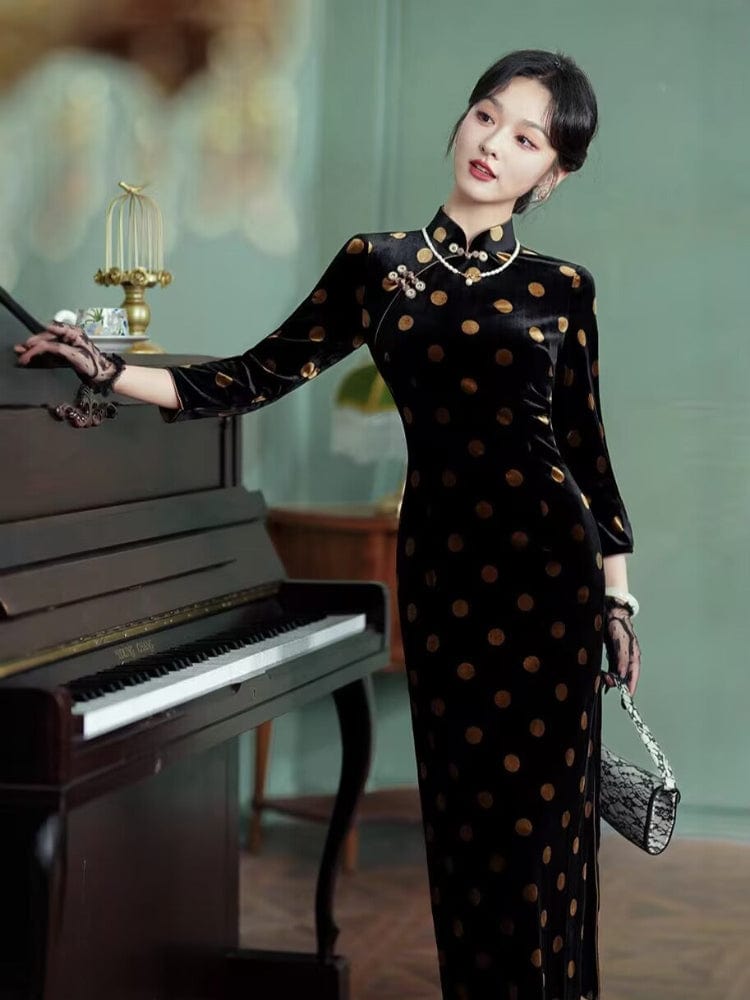 Beth and Brian Qipao-TF Polkadot pattern, red&black long Cheongsam