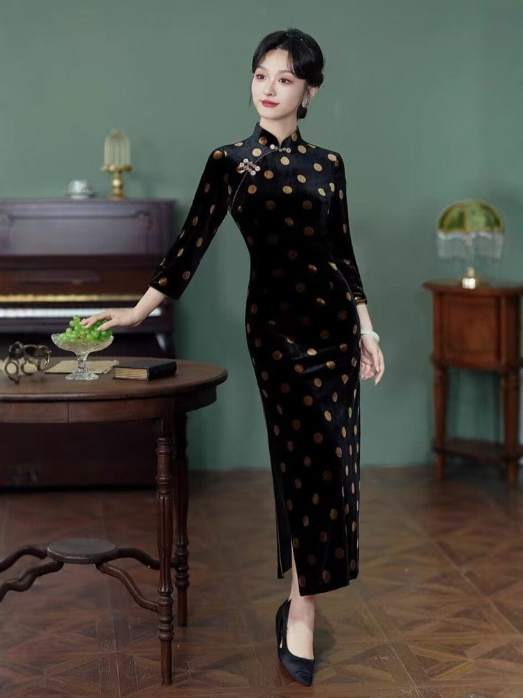 Beth and Brian Qipao-TF Polkadot pattern, red&black long Cheongsam