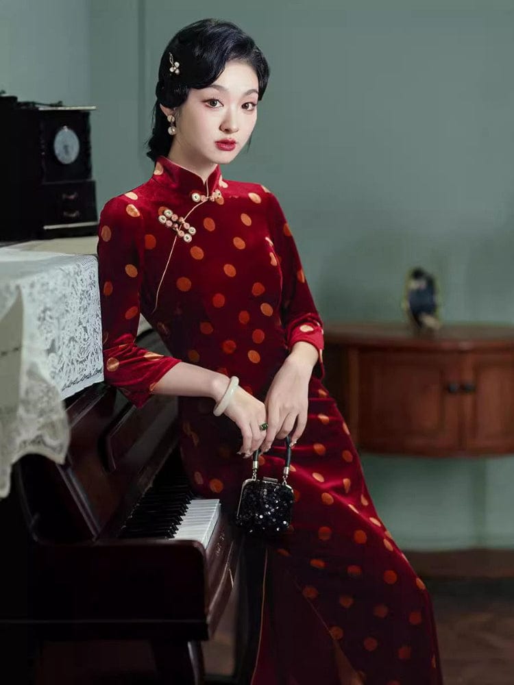 Beth and Brian Qipao-TF Polkadot pattern, red&black long Cheongsam