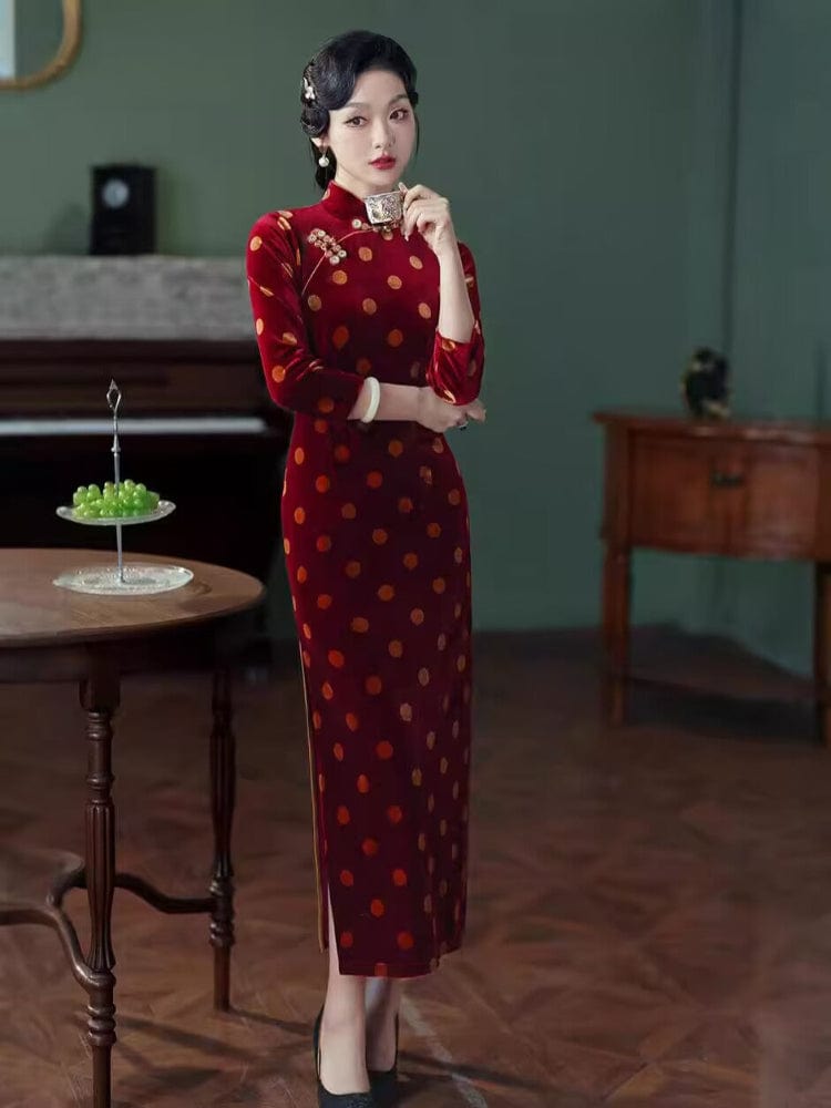 Beth and Brian Qipao-TF Polkadot pattern, red&black long Cheongsam