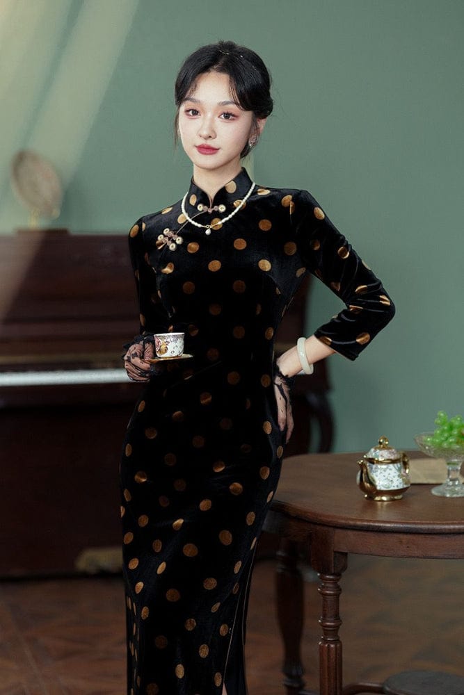 Beth and Brian Qipao-TF Polkadot pattern, red&black long Cheongsam