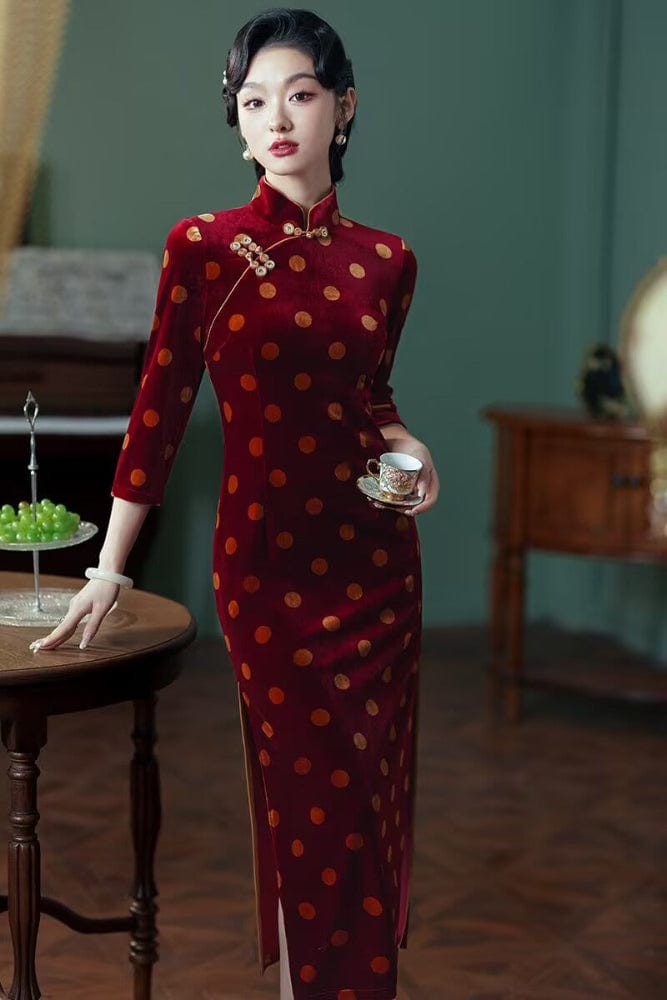 Beth and Brian Qipao-TF Polkadot pattern, red&black long Cheongsam