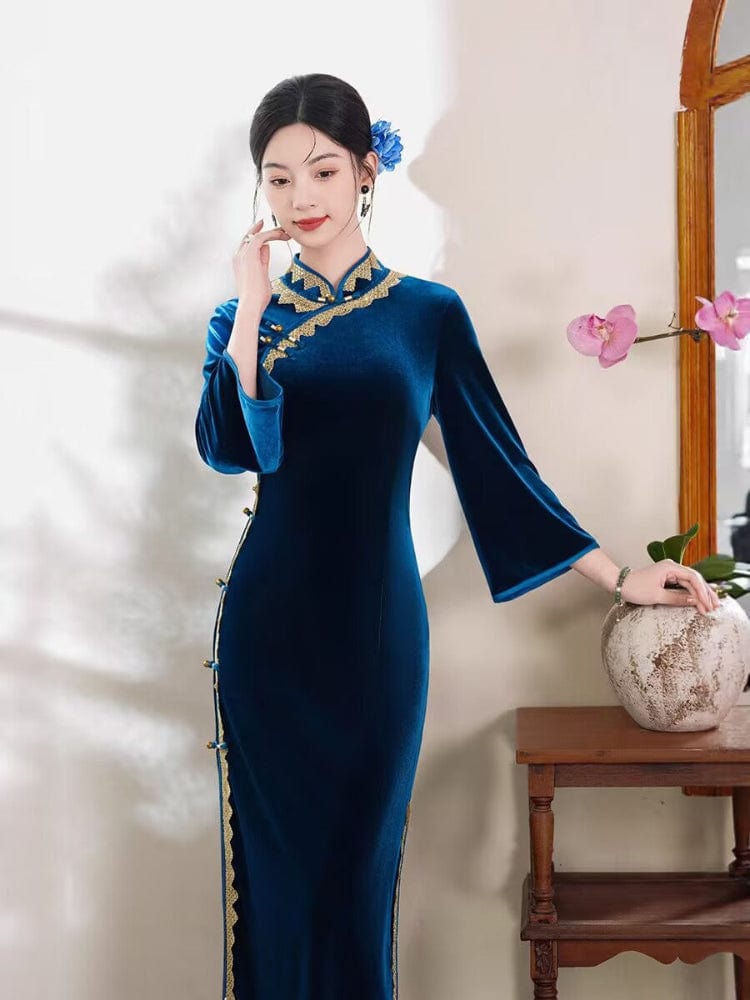 Beth and Brian Qipao-TF Fall and winter collection, Velvet fabric, plain pattern long Cheongsam