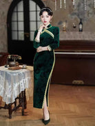Beth and Brian Qipao-TF Jacquard silk, retro green long Cheongsam