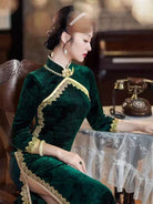 Beth and Brian Qipao-TF Jacquard silk, retro green long Cheongsam