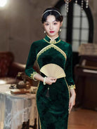 Beth and Brian Qipao-TF Jacquard silk, retro green long Cheongsam