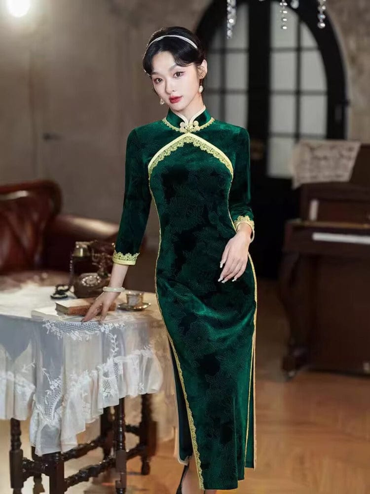 Beth and Brian Qipao-TF Jacquard silk, retro green long Cheongsam